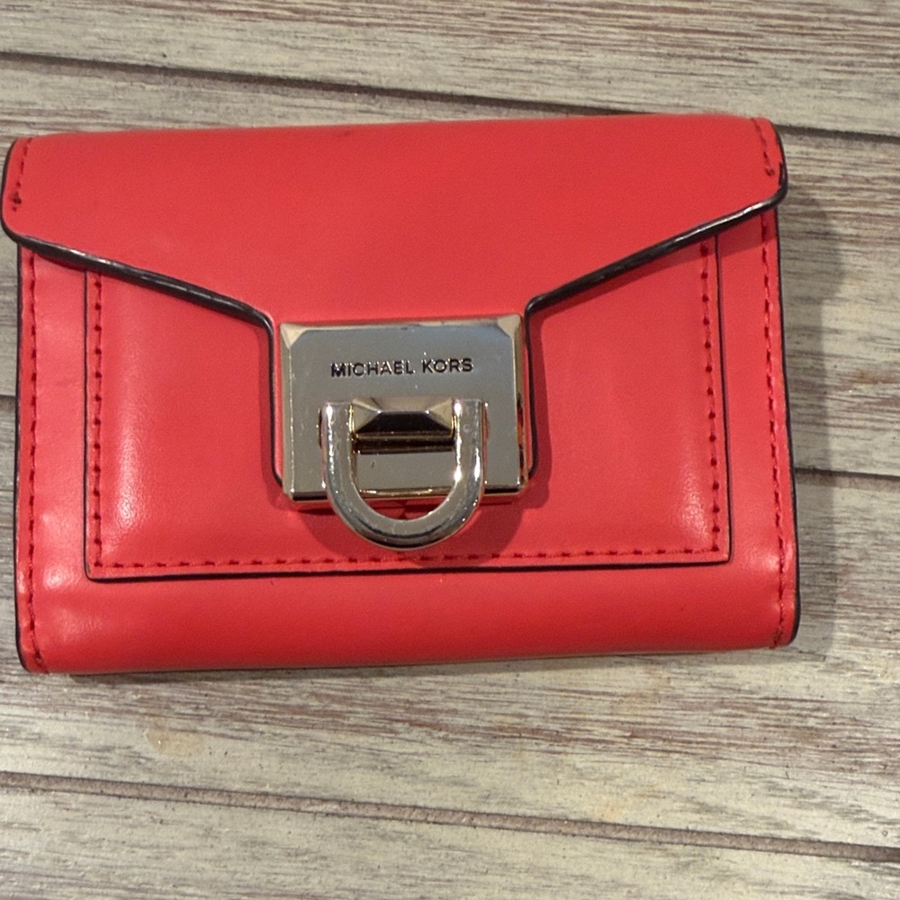 Michael Kors Coral-Red Leather Envelope Wallet with Gold Hardware